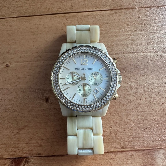 Michael Kors Cream and Gold Watch with Crystal Accents - Picture 1 of 5